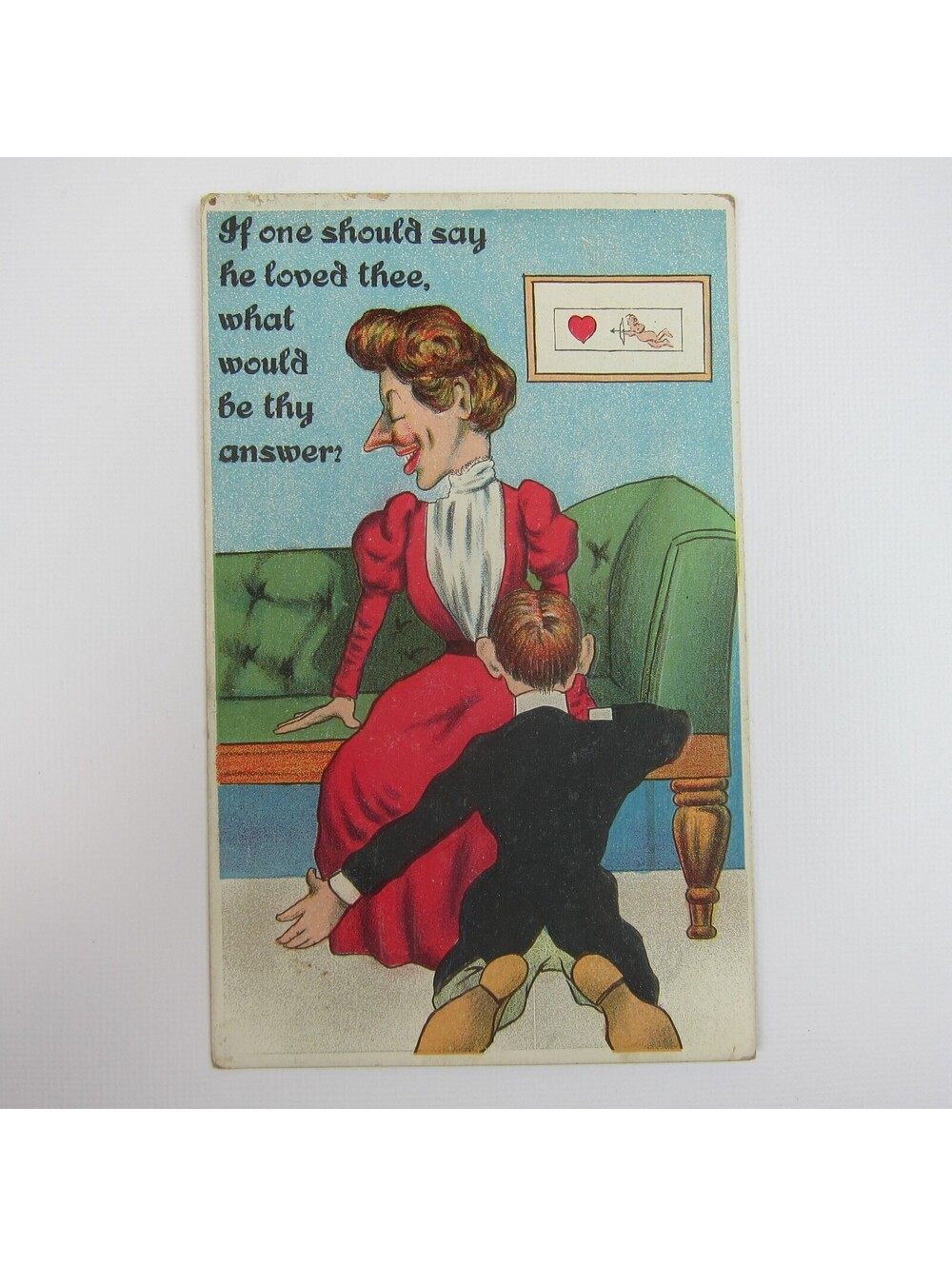 Postcard Valentine Victorian Man Woman Red Dress Green Couch Cupid Antique 1911